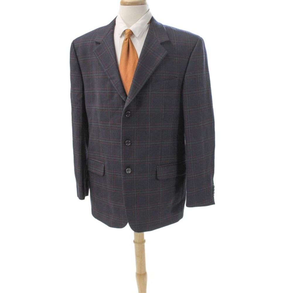 Gianfranco Ferre Mens Virgin Wool Plaid Blazer Blue Size 54